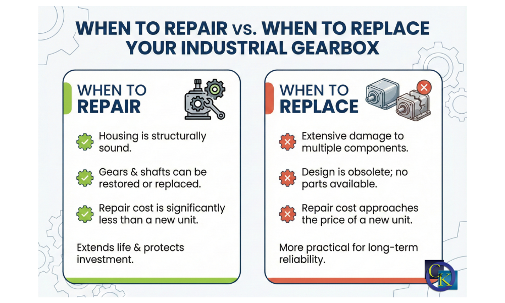 infographic comparing when to repair v. when to replace your industrial gearbox